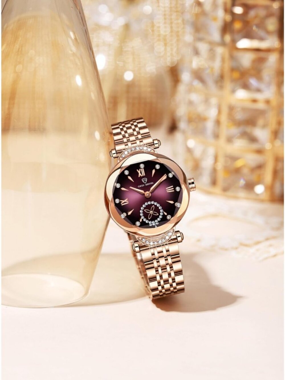 Women's Purple Crystal Accents Dainty Stainless Steel Strap Quartz Wrist Watch - Picture 3 of 4
